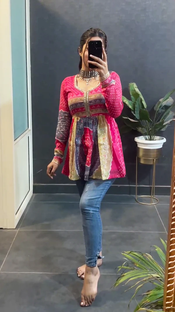 Multi Color Printed Short Bandhej Top