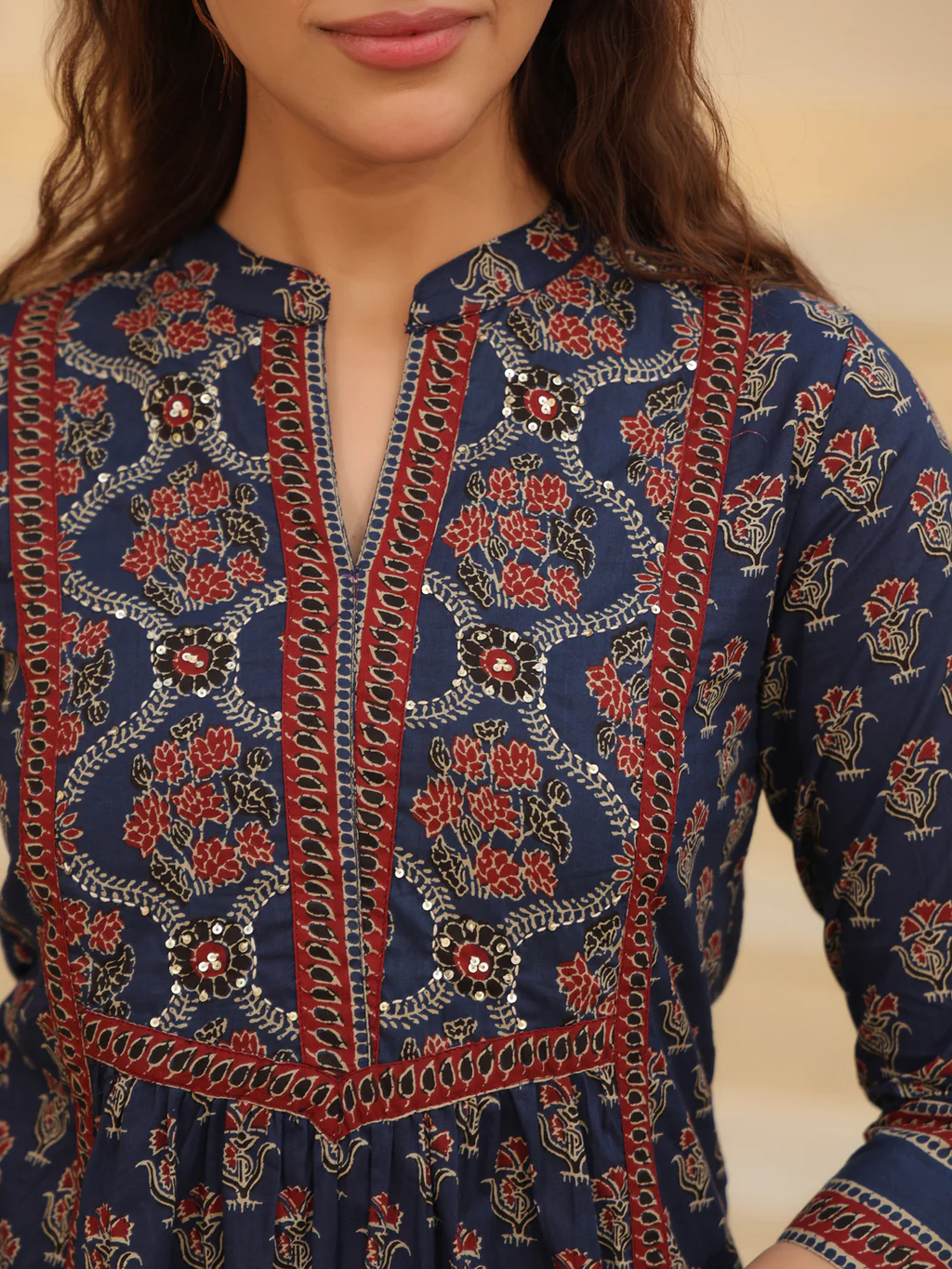 Print Mandarin Collar Cotton Shirt Style Top Kurti