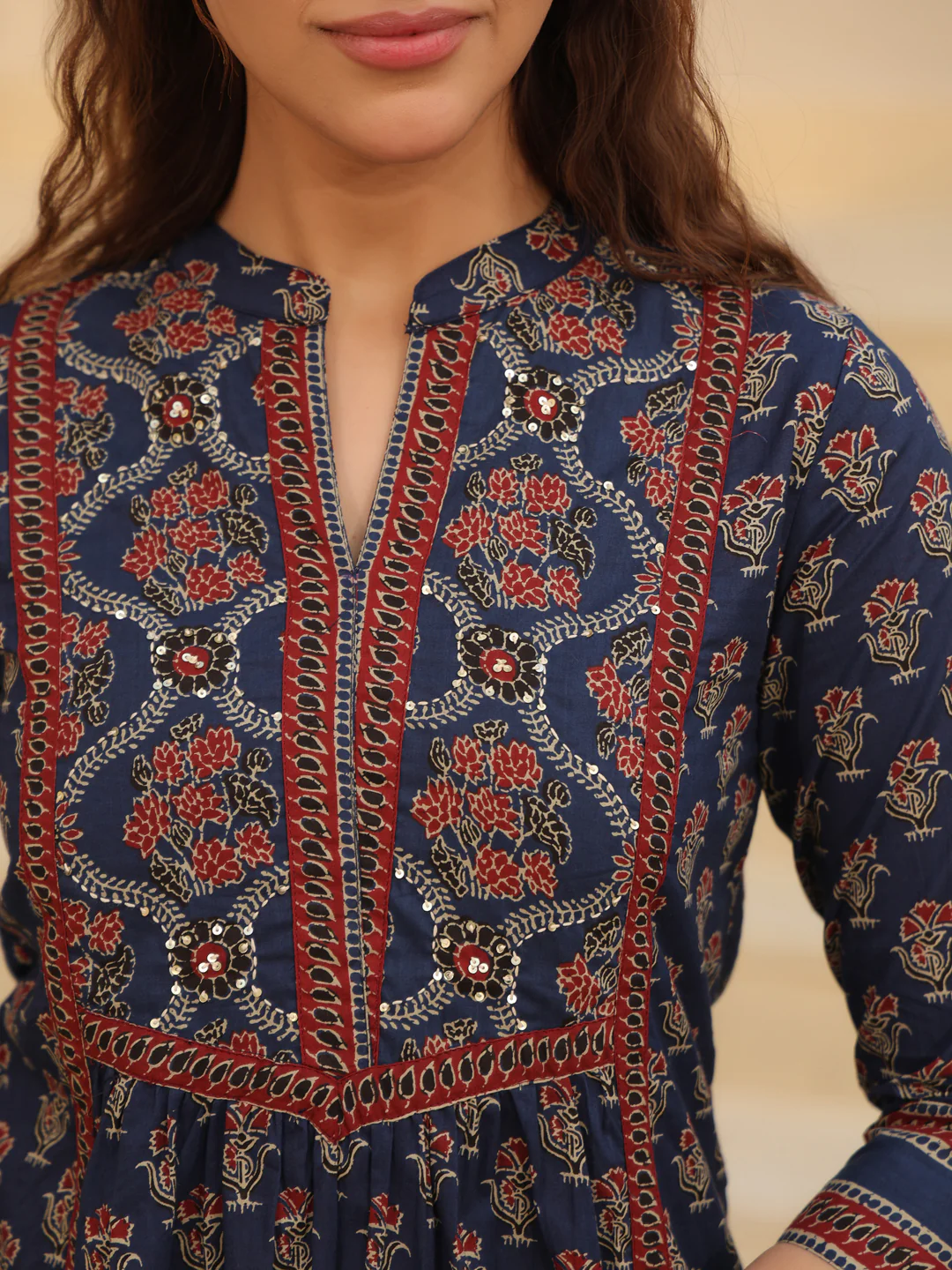 Print Mandarin Collar Cotton Shirt Style Top Kurti