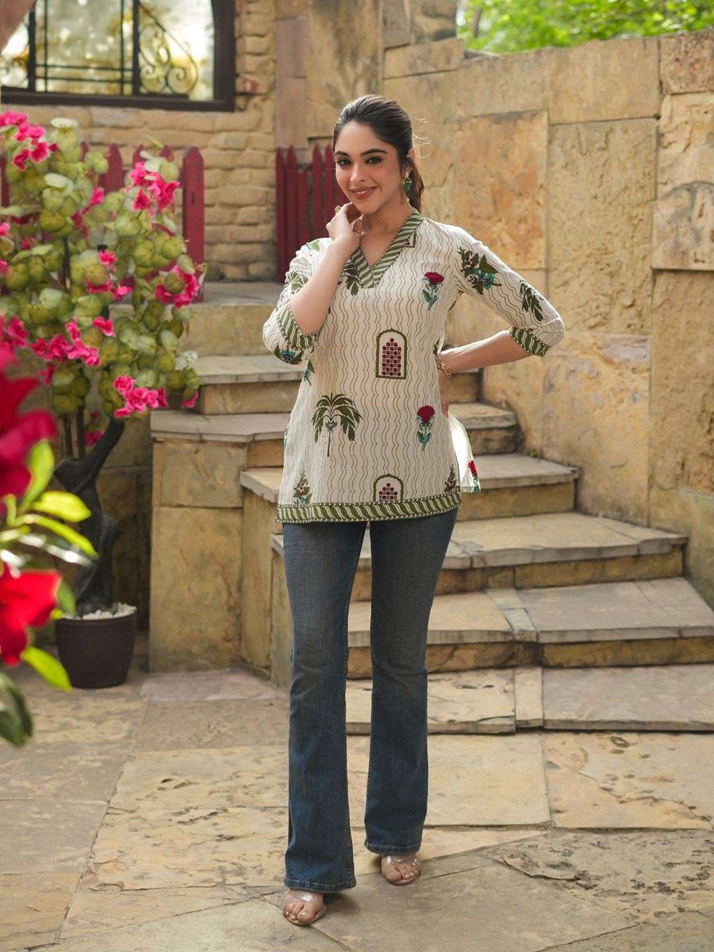 Green & Off White Ethnic Motifs Printed Pure Cotton Kurti