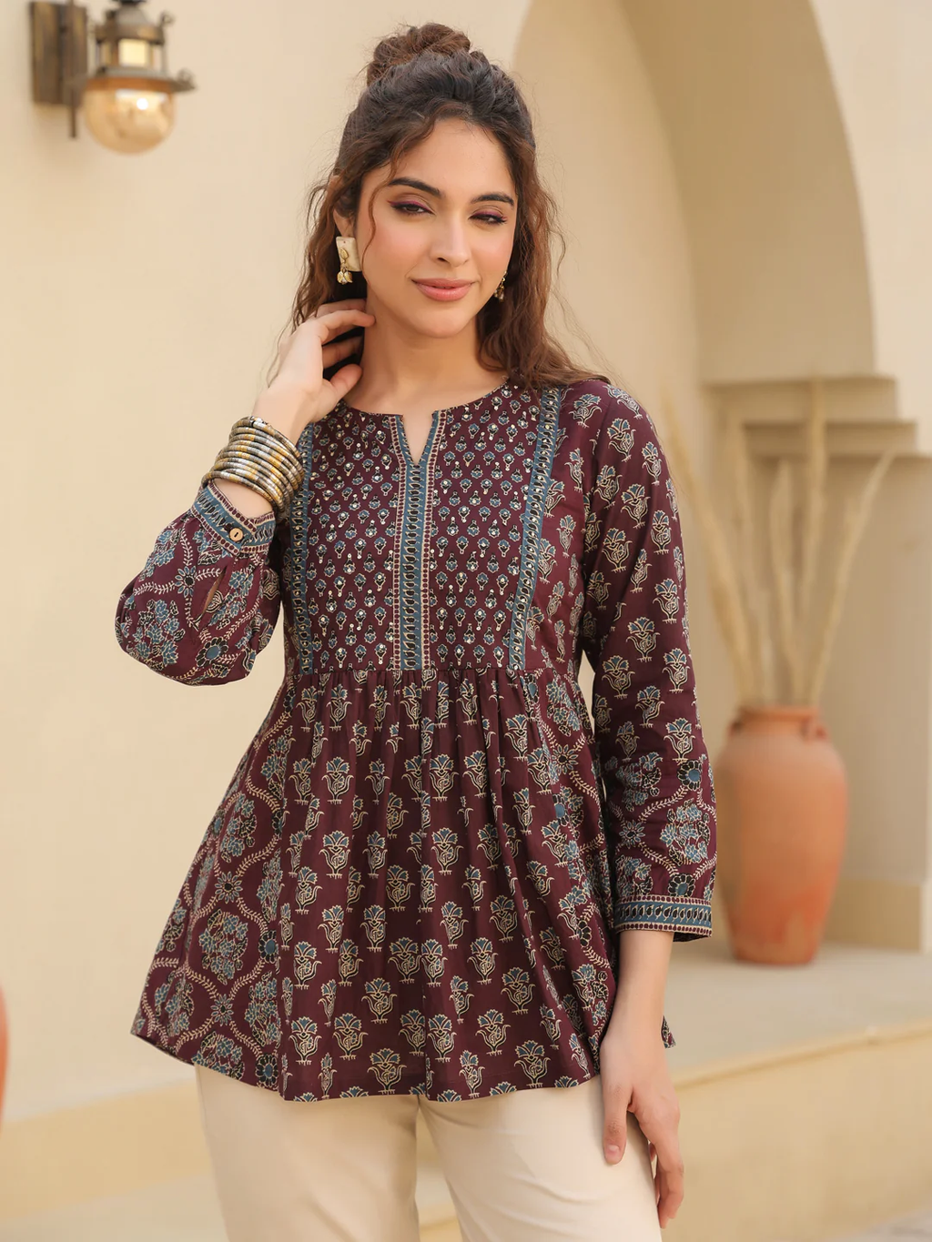 Wine Print Cotton Top Kurti