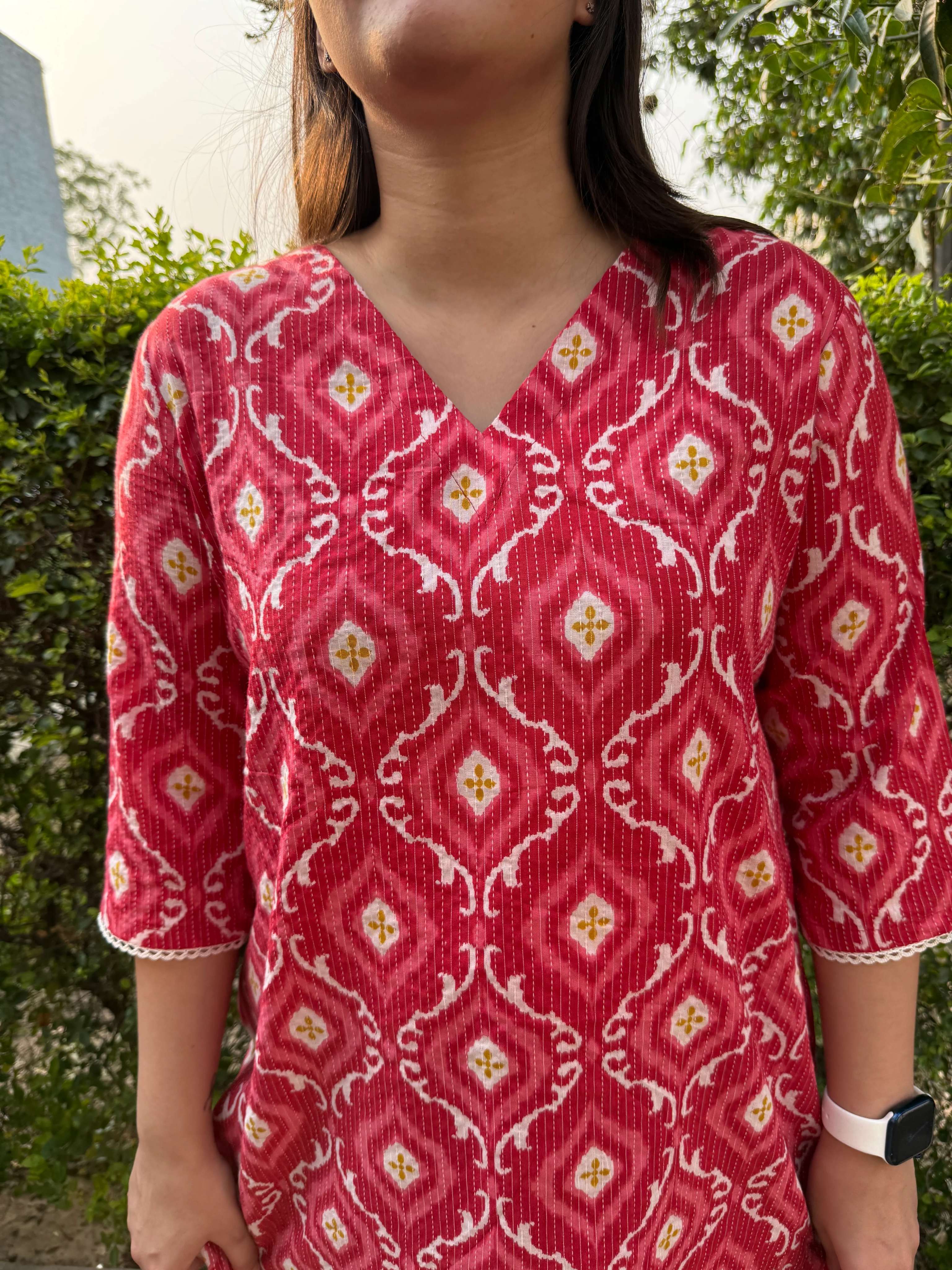 Peach ikkat print kantha kurti