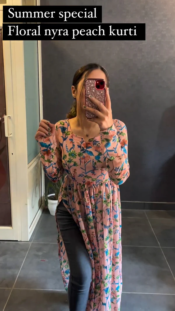 New Red Rayon Printed Less Nayra Cut Kurti