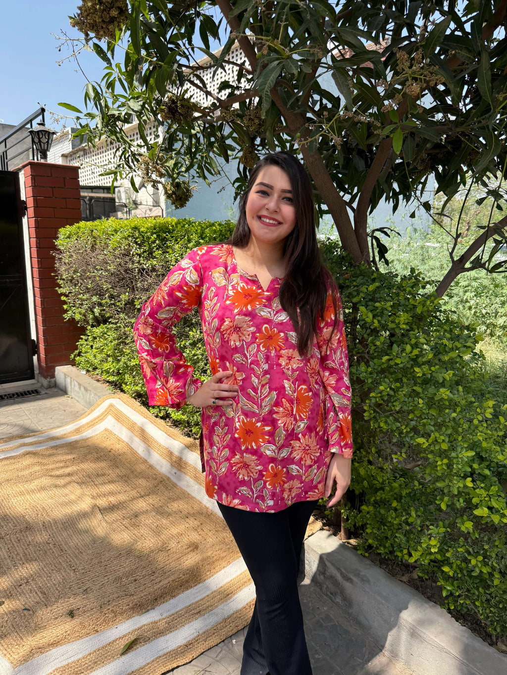 Pink floral rayon short kurti