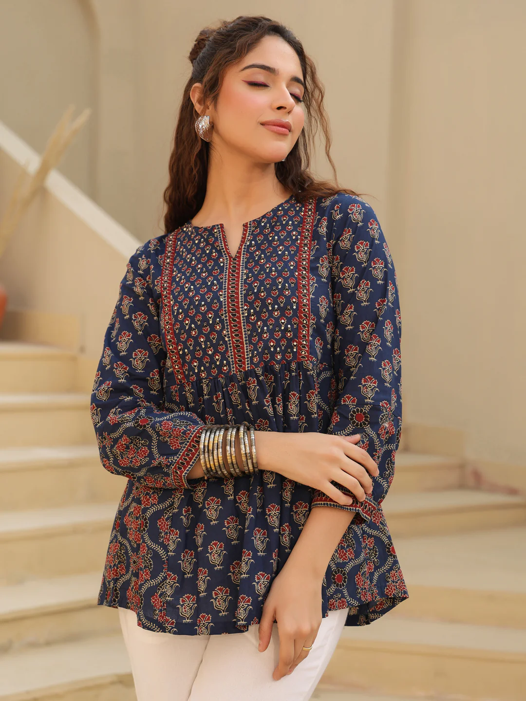 Print Mandarin Collar Cotton Shirt Style Top Blue Kurti