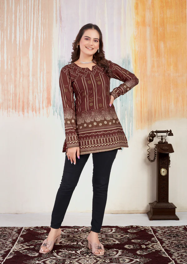Brown Choko Moko Cotton Printed Short Kurti With Full Sleeves