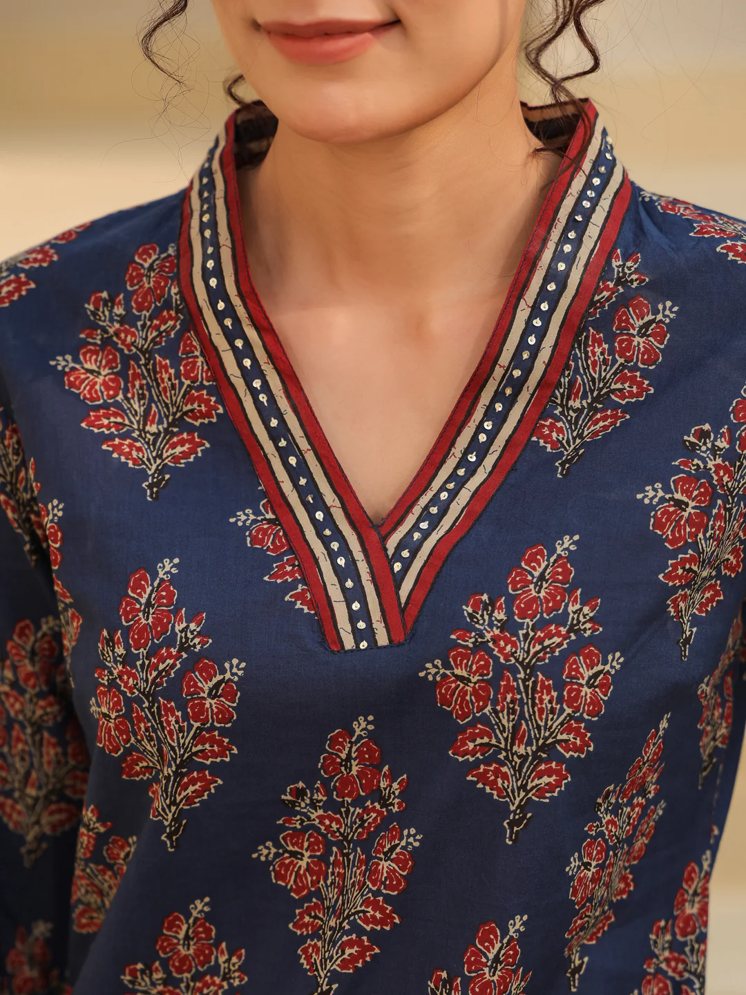 Blue Printed Blue Cotton Top Kurti