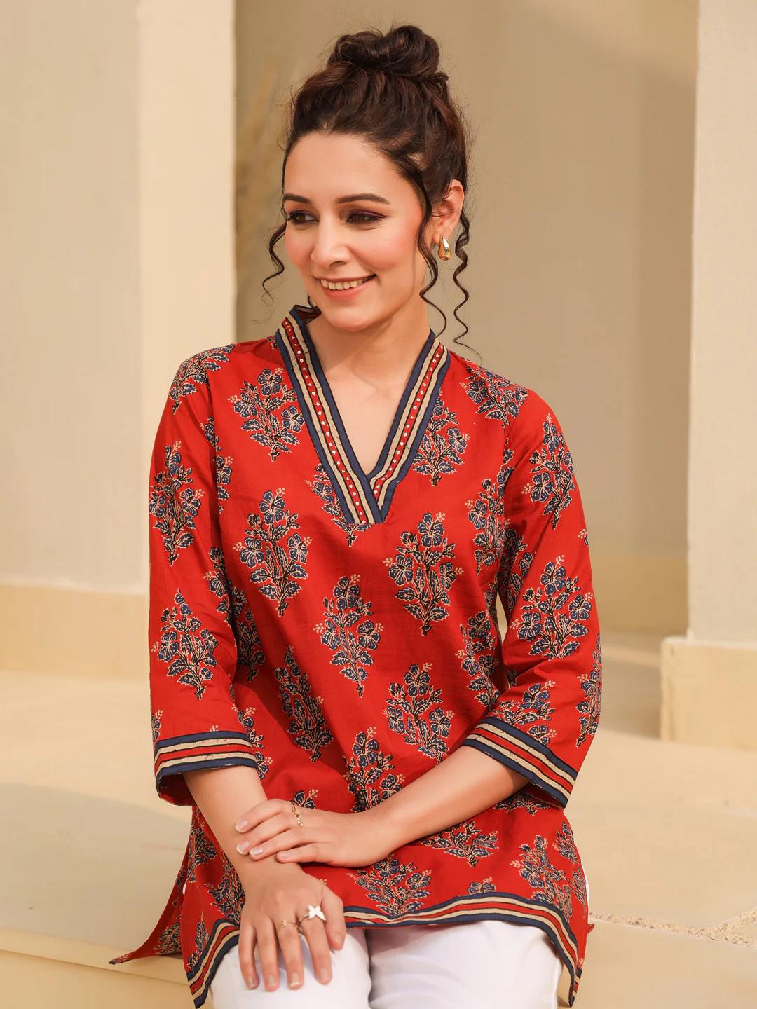 Print Mandarin Collar Cotton Top Kurti