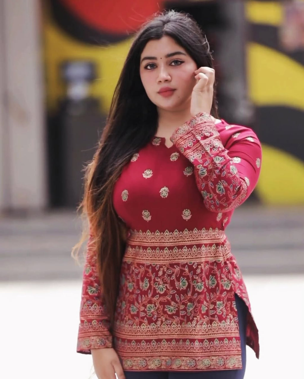 Maroon Jewish Cotton Printed Short Kurti