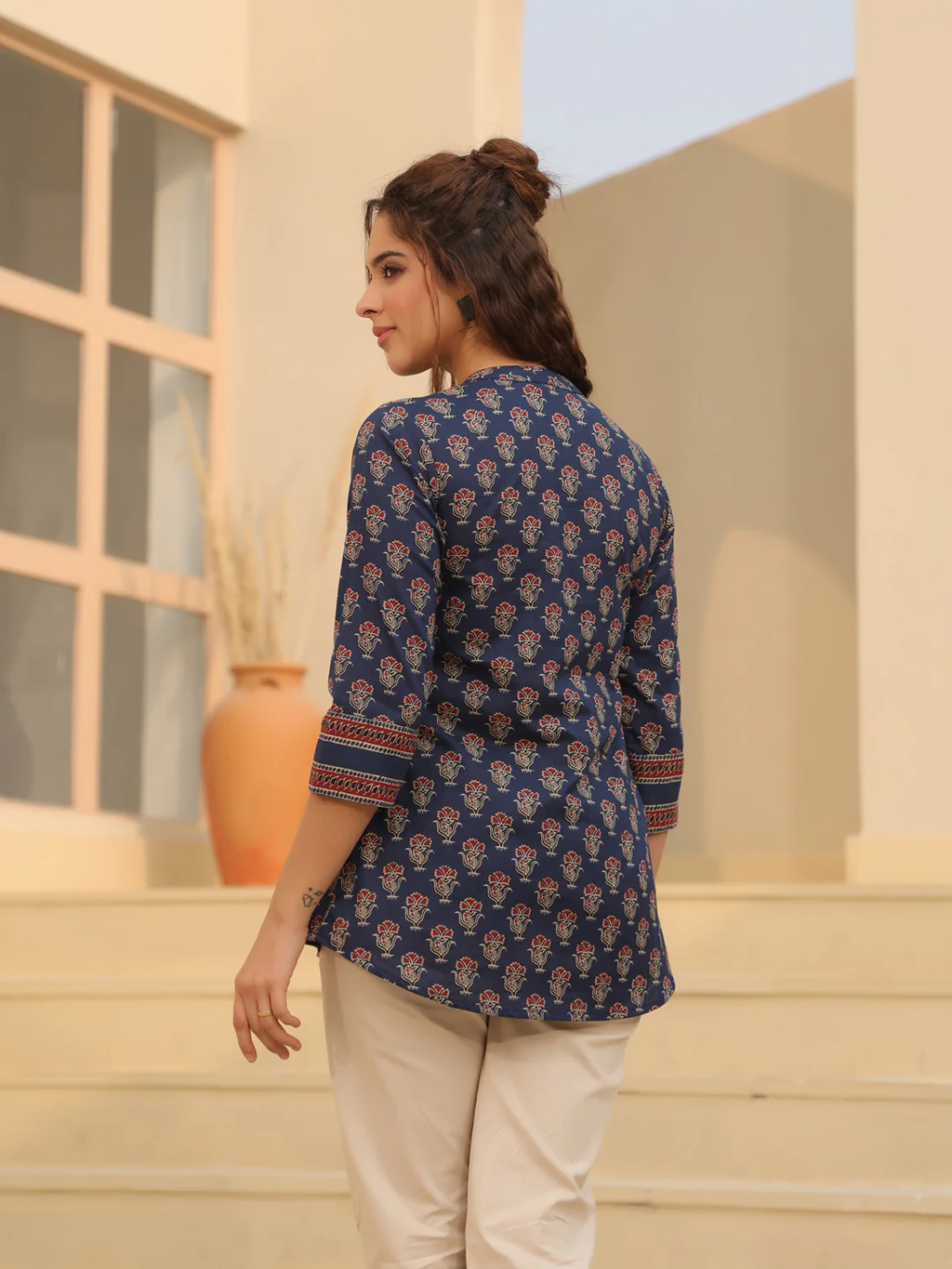 Print Mandarin Collar Cotton Shirt Style Top Kurti