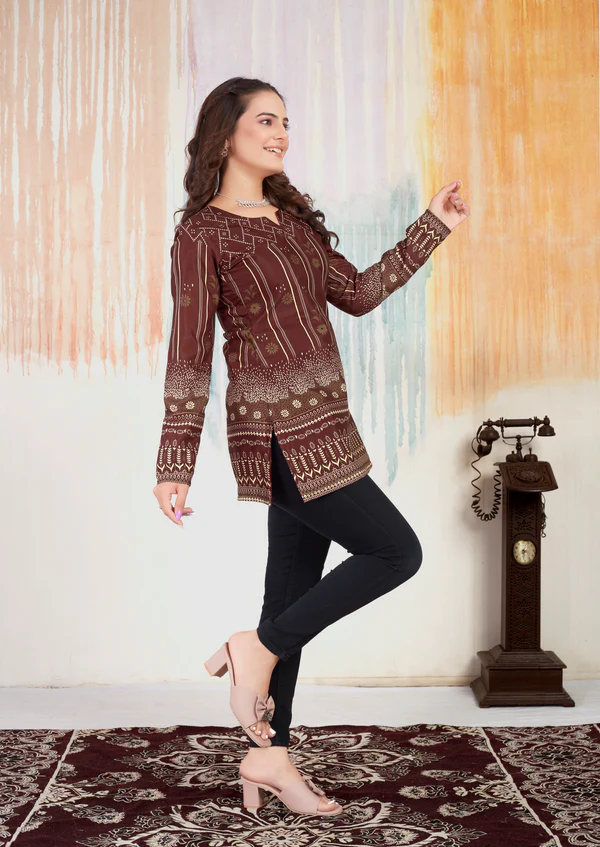 Brown Choko Moko Cotton Printed Short Kurti With Full Sleeves