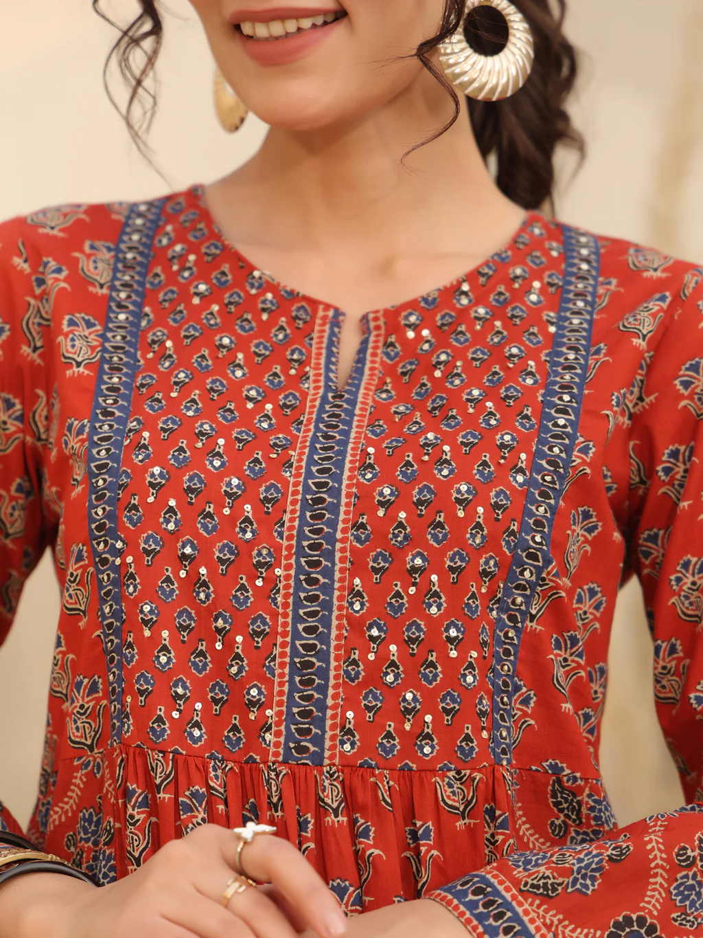 Print Mandarin Collar Cotton Top Kurti