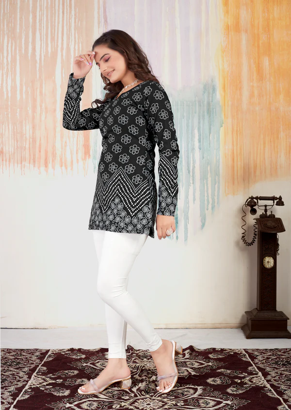 Black Floral Bandhani Printed Short Kurtis