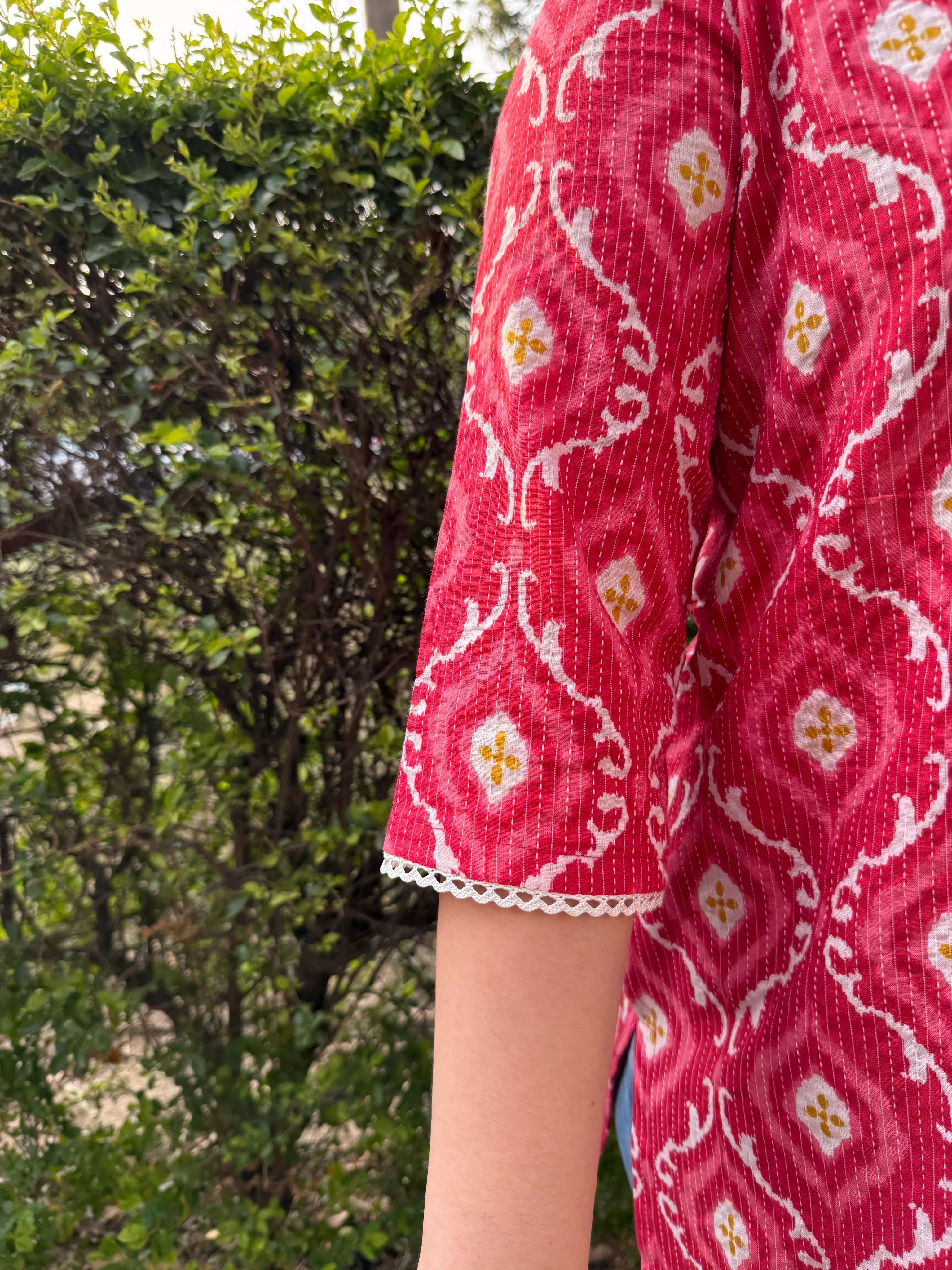 Peach ikkat print kantha kurti