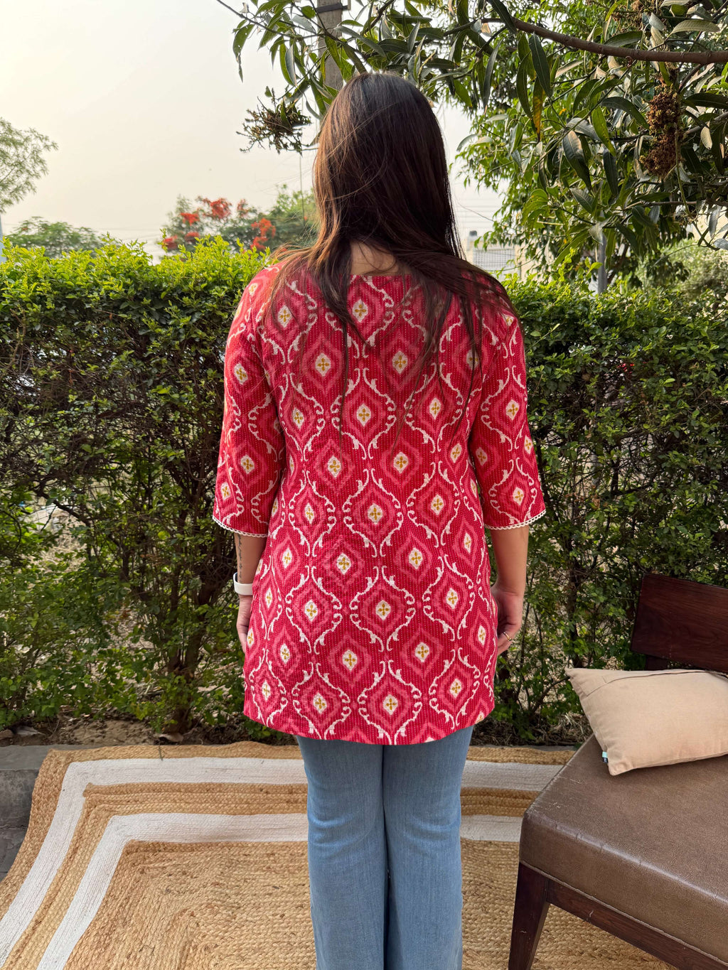 Peach ikkat print kantha kurti