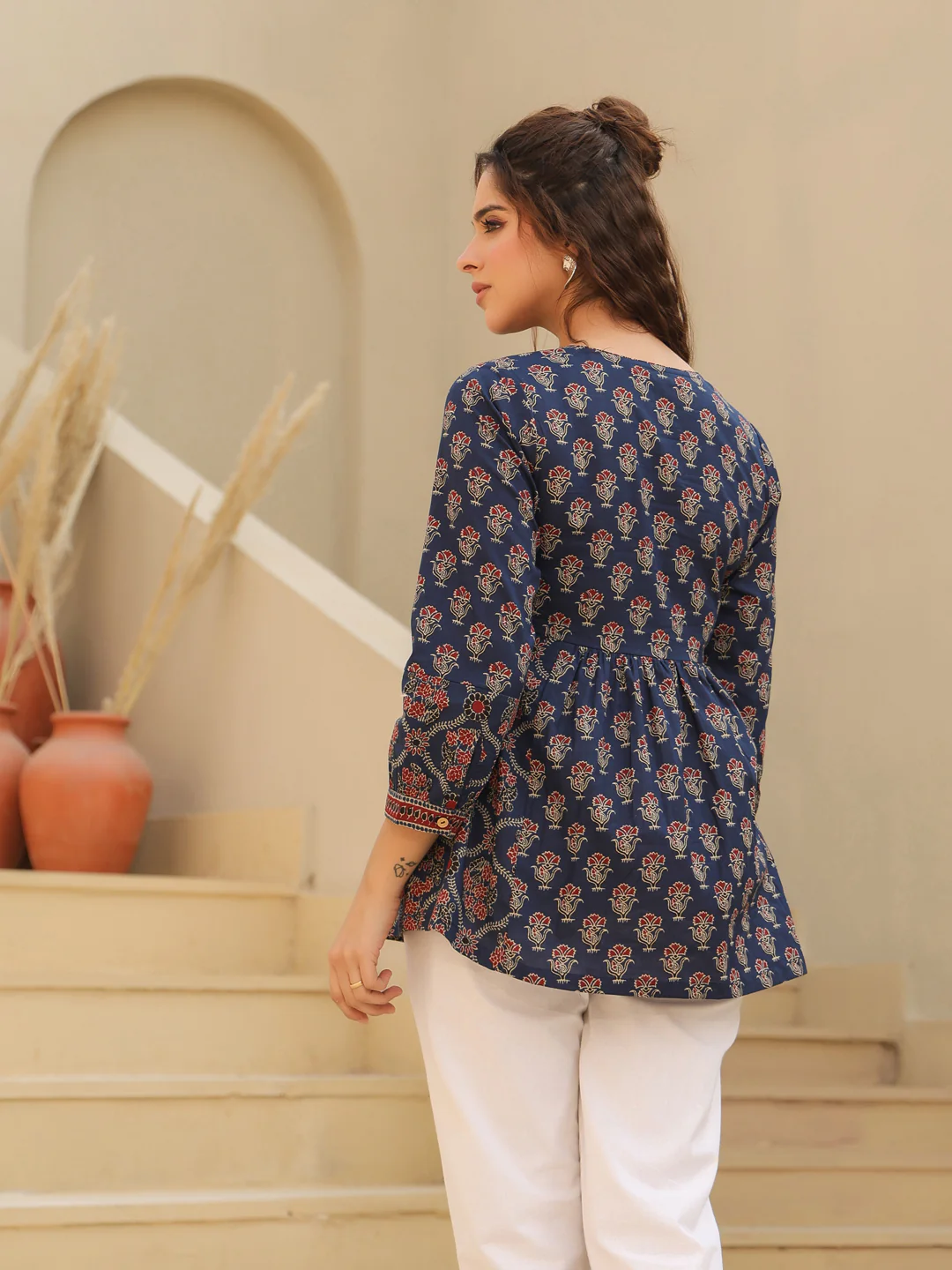 Print Mandarin Collar Cotton Shirt Style Top Blue Kurti