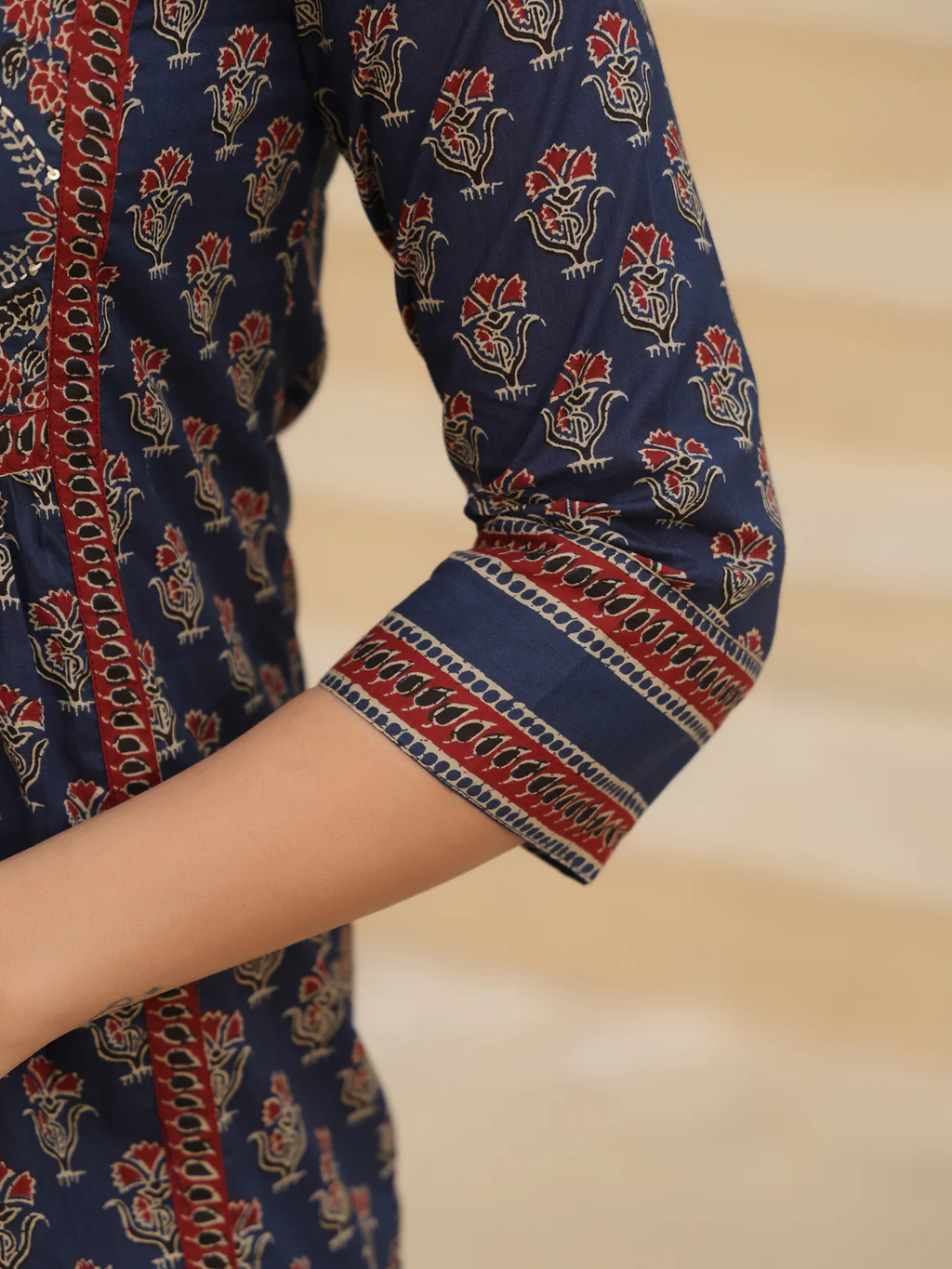 Print Mandarin Collar Cotton Shirt Style Top Kurti