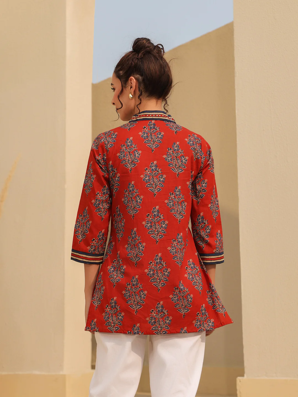 Print Mandarin Collar Cotton Top Kurti