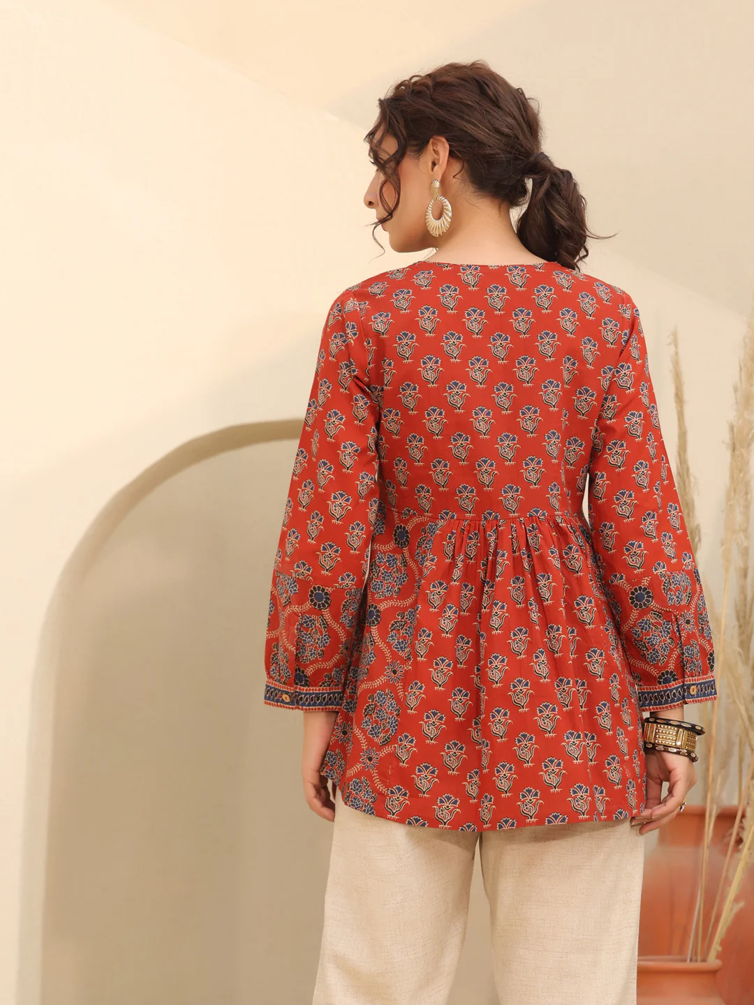 Print Mandarin Collar Cotton Top Kurti