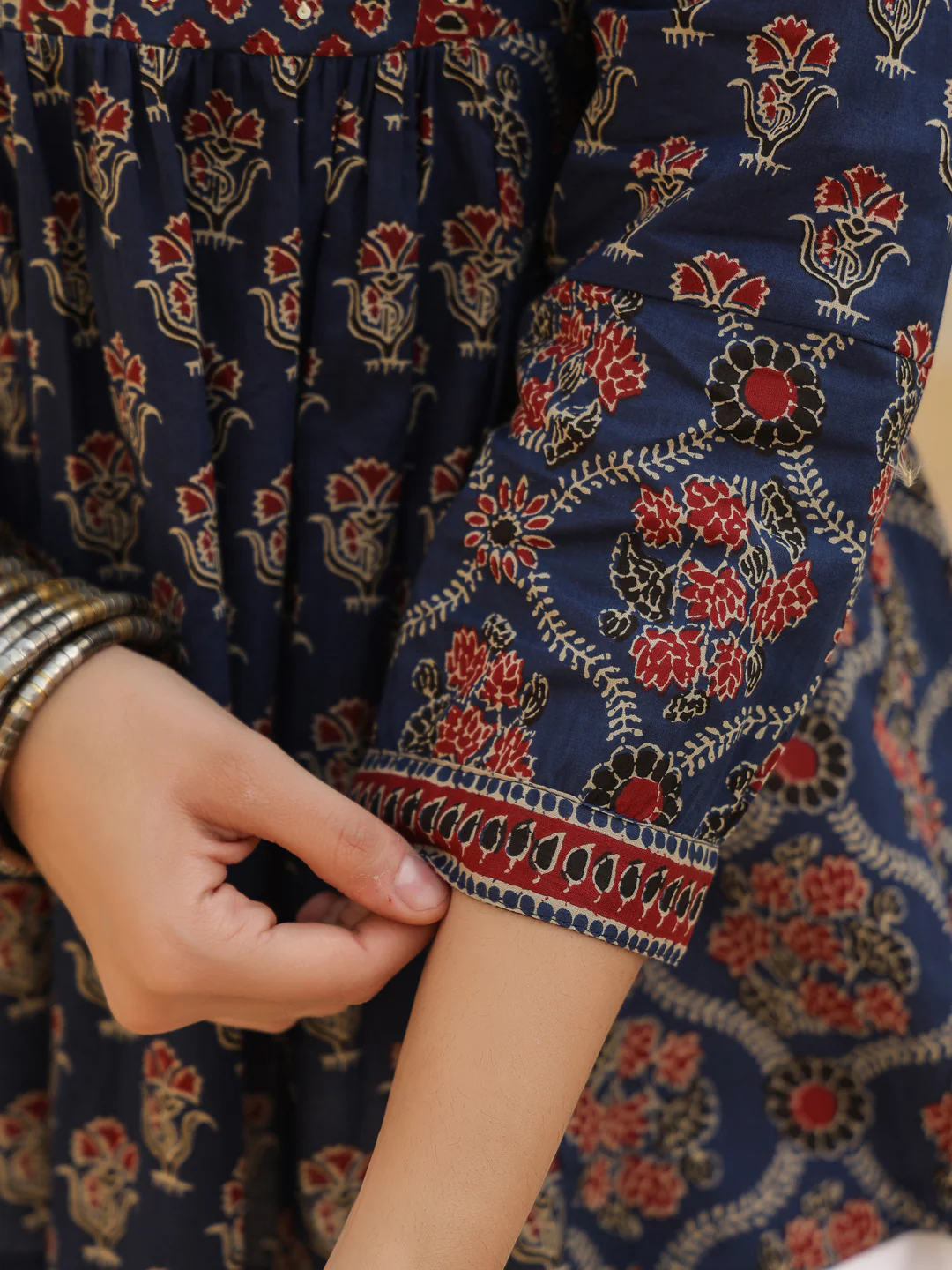 Print Mandarin Collar Cotton Shirt Style Top Blue Kurti