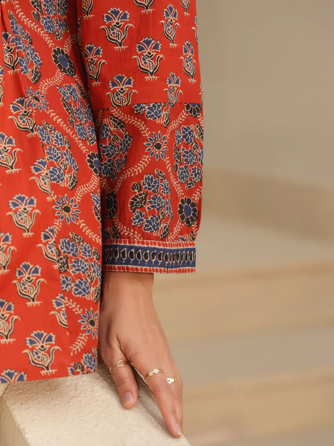 Print Mandarin Collar Cotton Top Kurti