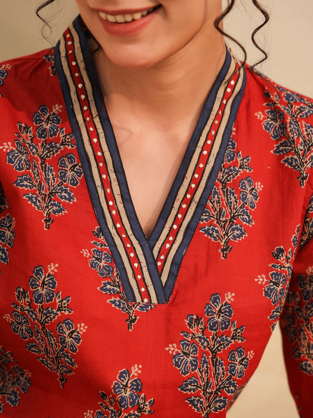 Print Mandarin Collar Cotton Top Kurti