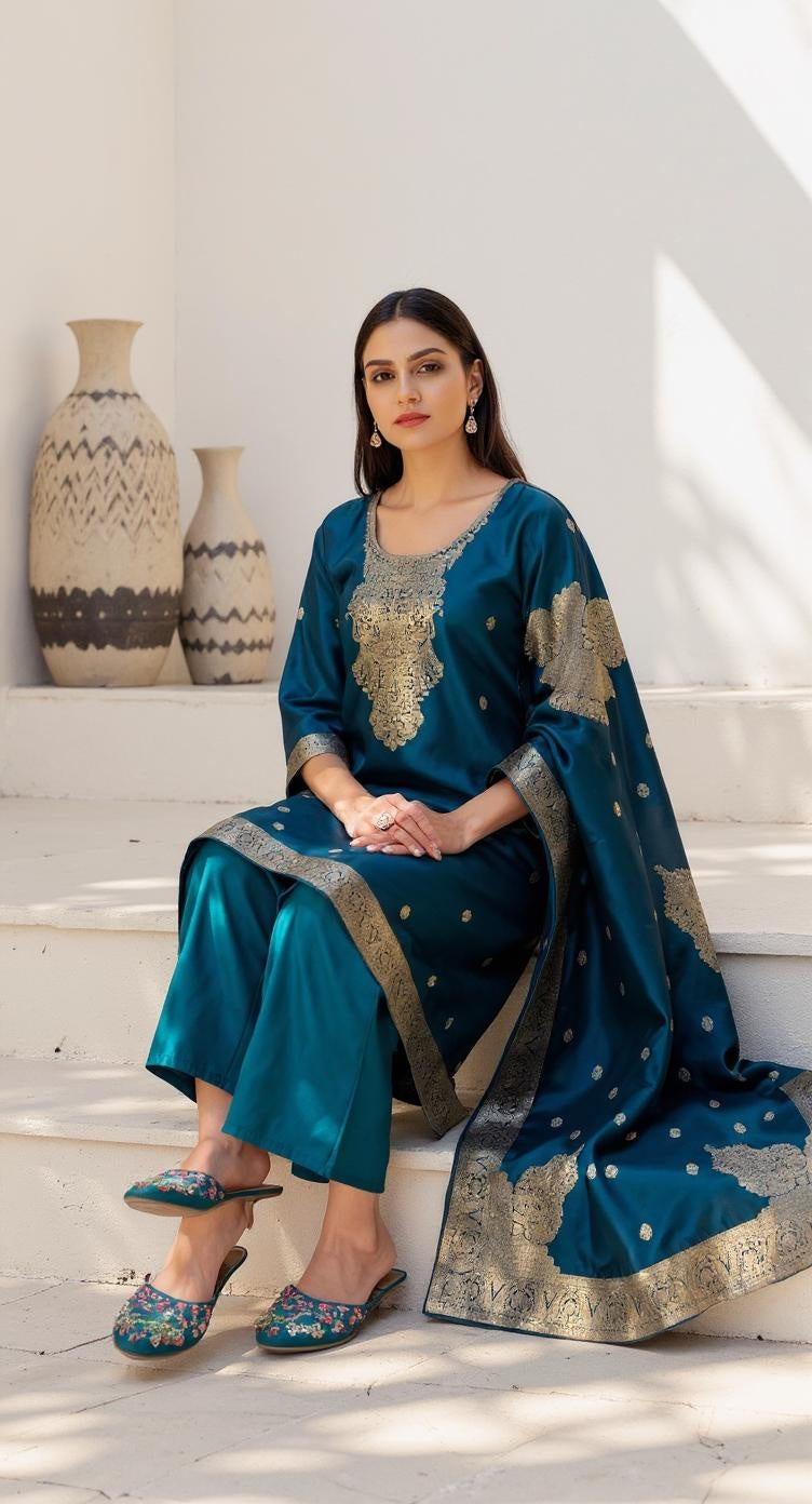Groovy Blue Pure Heavy Designer Chanderi Silk Suit Set