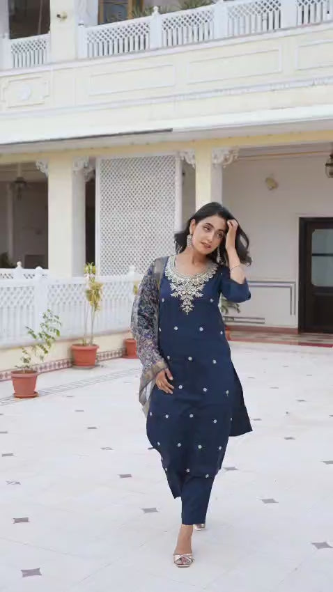 Vegaa Fashion Navy Blue Viscose Rayon Embroidered Salwar Suit