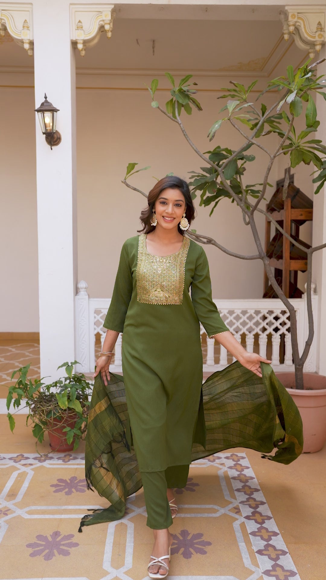 Moss-Green Tissue With Floral Print and Embroidery Kurta Set