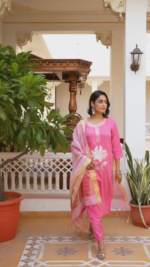 Baby Pink Embroidered Jacquard Cotton Straight Kurta Pant Dupatta Suit Set